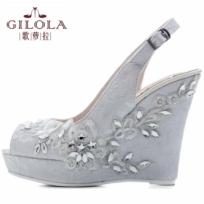 

10.5cm Wedge Heels Platform Women Sandals Lace Crystal High Heels Spring Summer Shoes Buckle Plus Size 41 #Y0311628Q