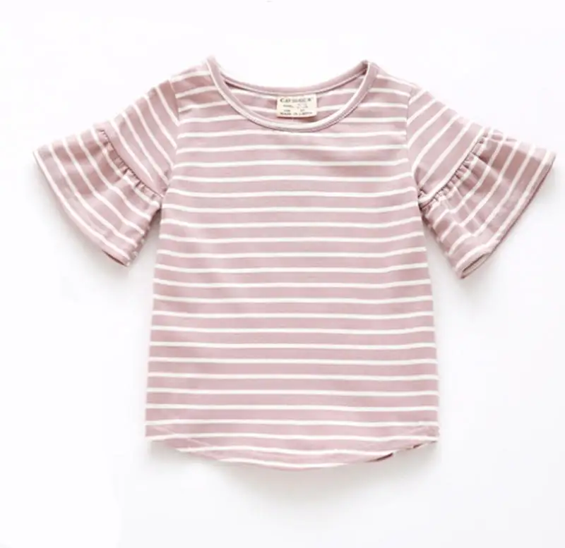 pink striped Одежда для маленьких девочек Детские футболки с рукавами в виде листьев лотоса футболка в полоску с короткими рукавами летние мягкие топы из хлопка, одежда для маленьких девочек - Цвет: pink striped