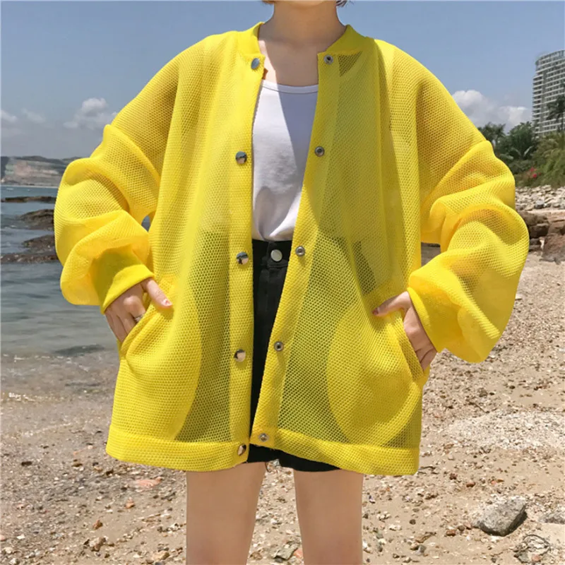 

Network Casual Summer Coat Women's Transparent Yellow White Beach Cardigan Sun Protection Jacket Fashion Streetwear Clothing