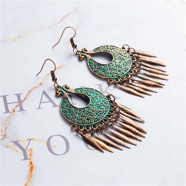 Bohemian earrings statement jewelry Exaggerated antique green metal water drop earrings for women Boho flowers tassel earring