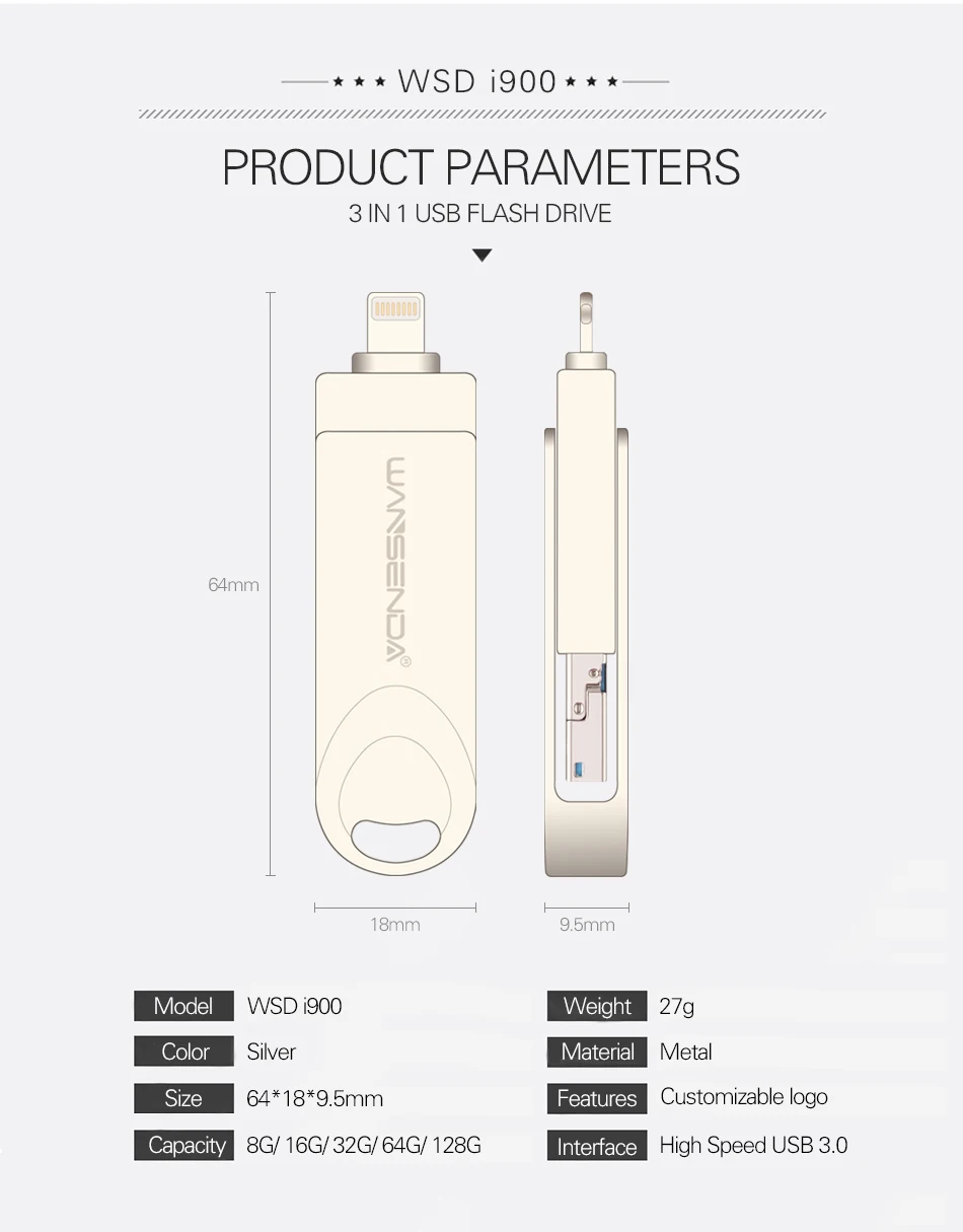 WANSENDA OTG USB флеш-накопитель 3 в 1 USB3.0/iOS/Micro usb флеш-накопитель 8 ГБ 16 ГБ 32 ГБ 64 Гб 128 ГБ флеш-накопитель USB флешка