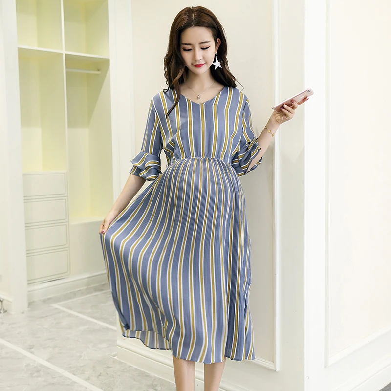 

Vertical Striped Chiffon Maternity Long Dresses V Neck Slim Waist Charming Clothes for Pregnant Women Elegant Pregnancy