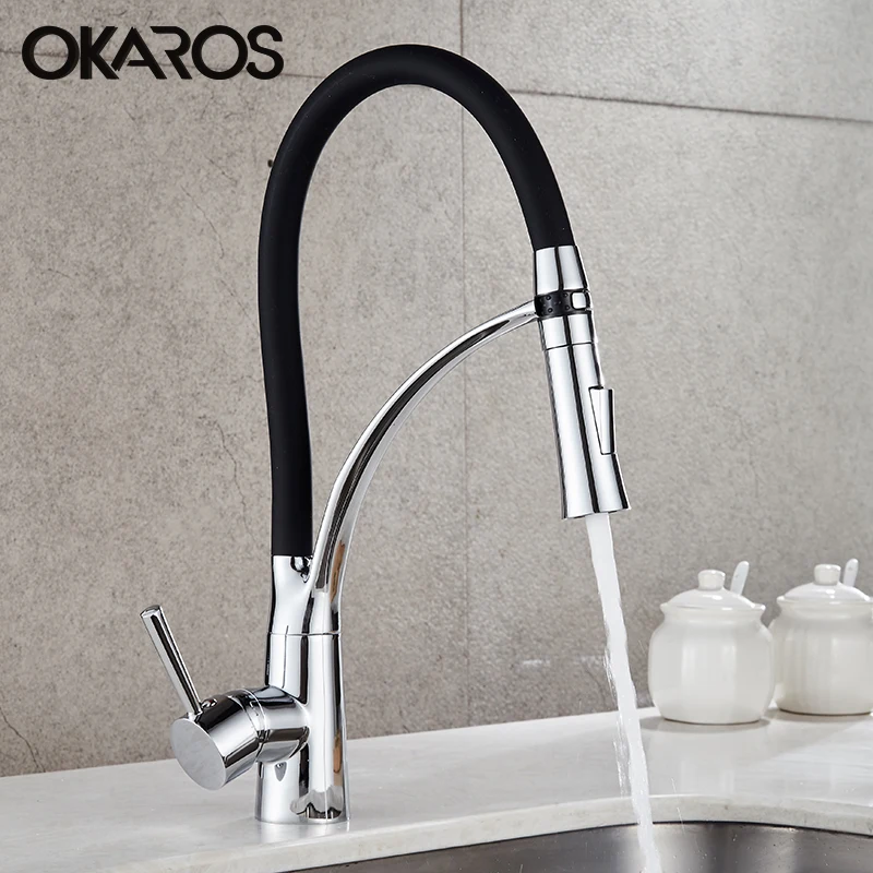  OKAROS Pull Out Kitchen Faucet Black Chrome Finish Dual Sprayer Nozzle Cold Hot Water Mixer Bathroo - 32746420933