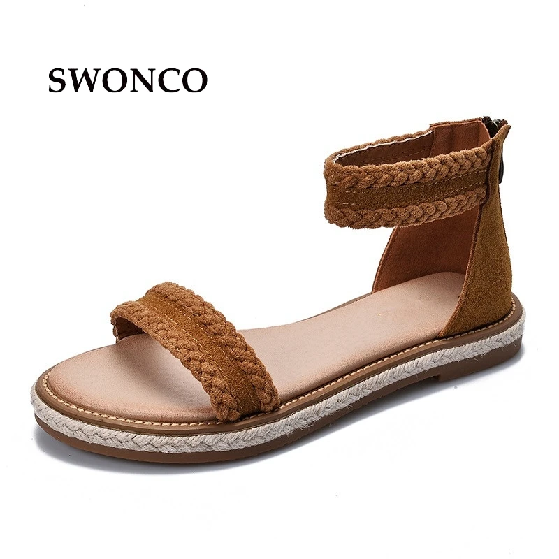 

SWONCO Women's Sandals Plus Size 33-42 Summer Leather Female Shoes Gladiator Sandals Women Flat Open Toe Rubber Sole Woman Shoes
