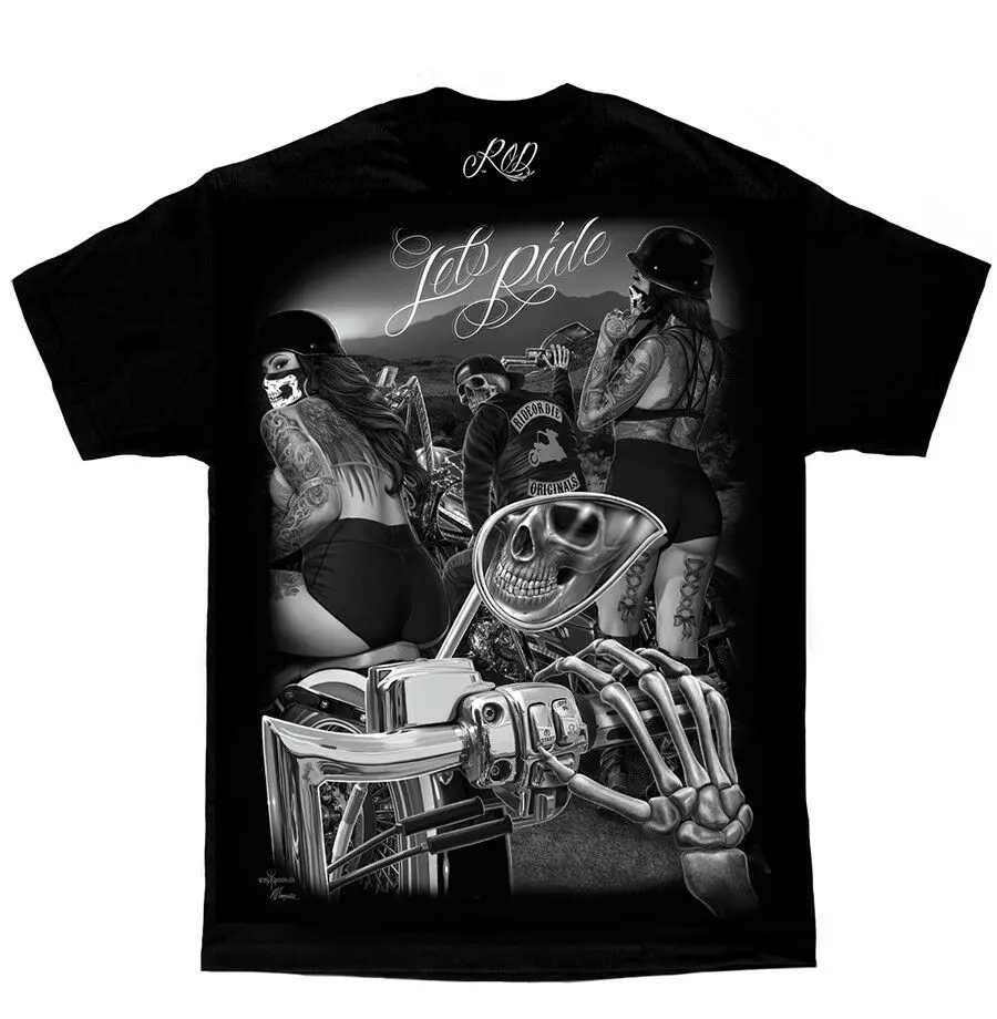 

DGA David Gonzales Art Ride or Die Lets Ride Biker Skeletons Tattoos T Shirt