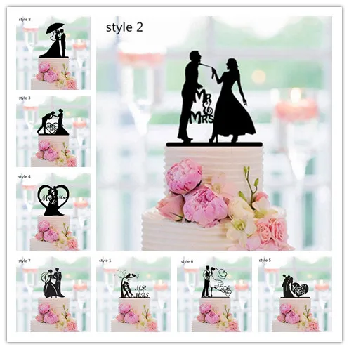 

Mixed Style Funny Bride & Groom Silhouette Wedding Cake Topper Acrylic Mr & Mrs Toppers for Wedding Decoration Cake Accessory