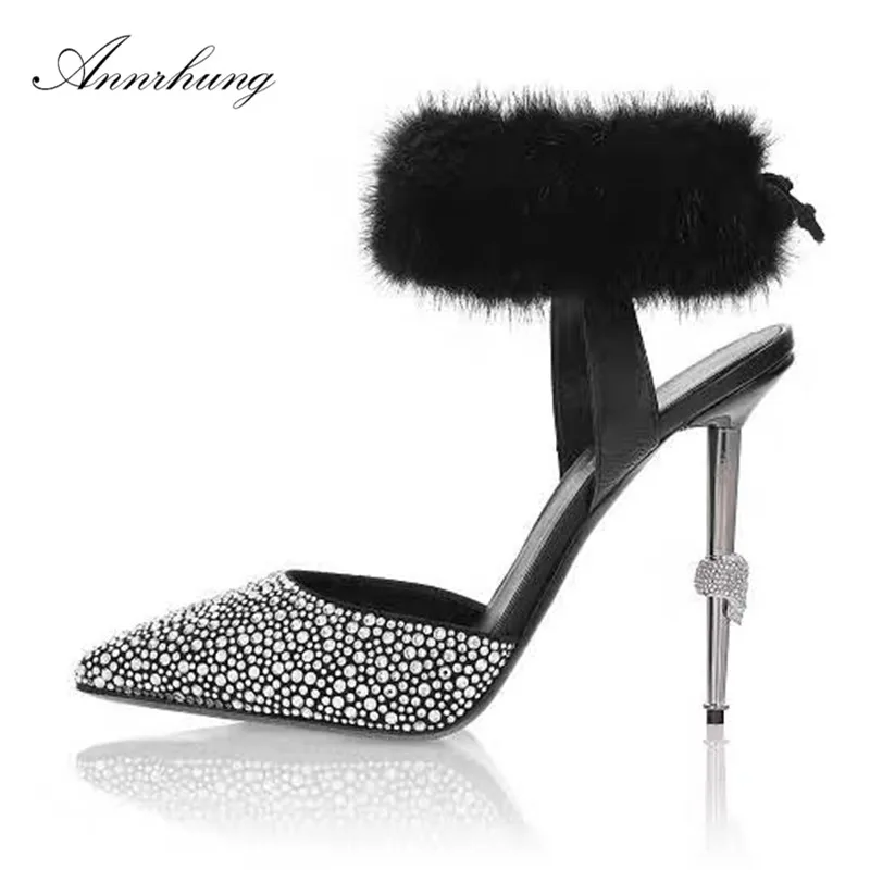 

Crystal Rabbit-hair Ankle Wrap Sandals Women Drill Rhinestone Decor Pointed Toe High Heels Unique Metal Heel Lace-up Sandlias