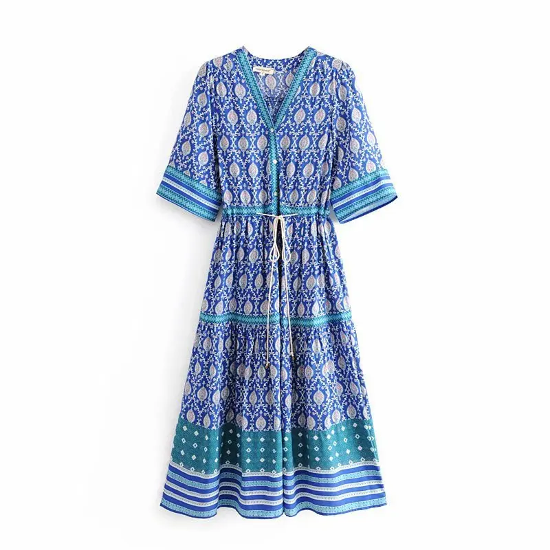 

QZ832 Women Summer Bohemia Design V Neck Positioning Print Viscose Dress Short Sleeve Drawstring Waist Vestidos