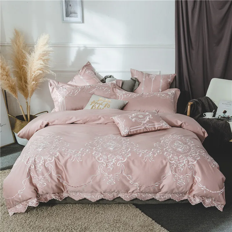 

60S Egyptian Cotton Pink Luxury silvery Embroidery Bedding Set King Queen Size Duvet Cover Bed Linen Bed Sheet Pillowcase 4/7pcs