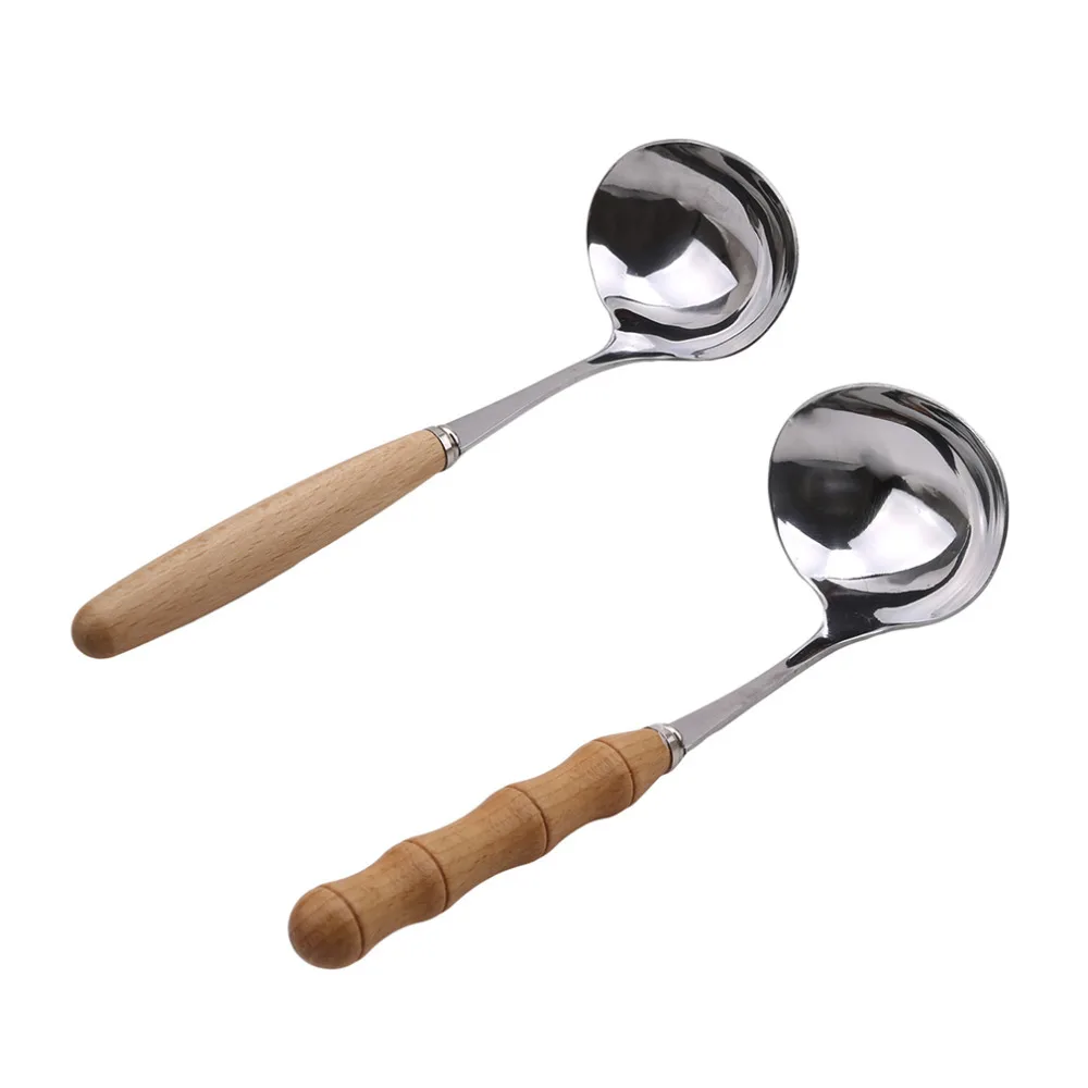 Stainless Steel Korean Style Wooden Handle Big Round Spoon Soup Spoon