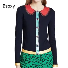 Роскошные Женские Блестки Кардиган Женщин Осень Питер Пэн Воротник с Бриллиантами Кнопка Вязаные Кардиганы Пальто Взлетно-посадочной полосы Симпатичные Вязать Свитер "