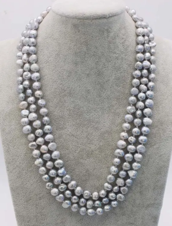 

Unique Pearls jewellery Store Gray Color 3rows 7-9mm Baroque Freshwater Pearl Necklace