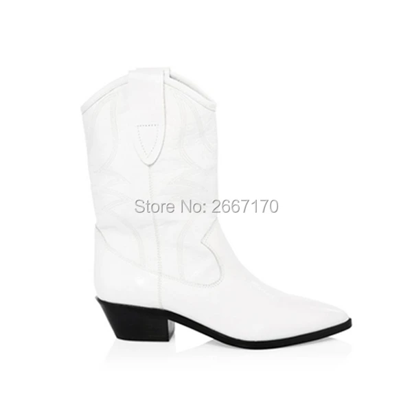 

Chic Western Cowboy Boot Stacked Cuban Heel Bottes Femme Autumn Winter Slip On Shoes Black White Leather Pointed Toe Boots Women