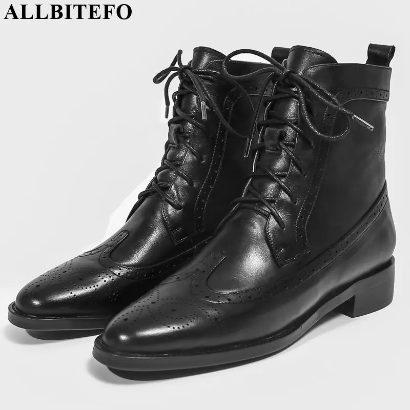 

ALLBITEFO real genuine leather women boots Autumn Winter Bandage fashion ankle boots comfortable Round toe Martin boots