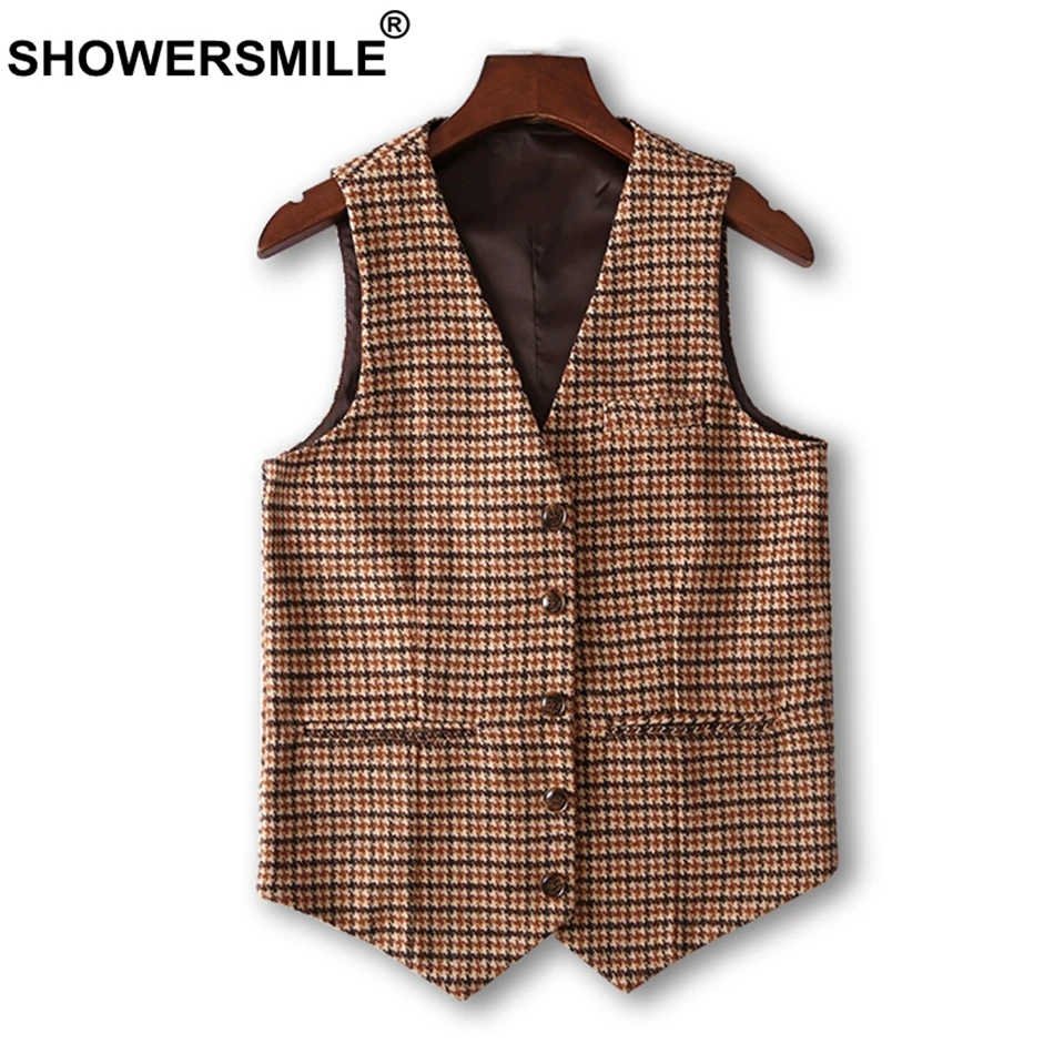SHOWERSMILE Plaid Vest Men Tweed Waistcoat Houndstooth Camel Suit Vest