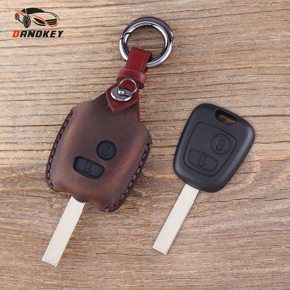 

DANDKEY Genuine Leather Protector Key Case Shell Cover Case 2 Buttons For Peugeot 107 207 307 407 106 206 306 406