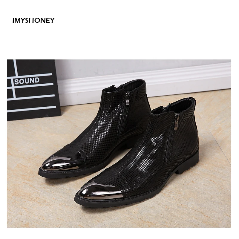 

Luxury Genuine Leather Men Boots Sewing Pointed Toe Metal Decorationmens Ankle Boots Westorn Style Boots Shoes Plus Size 37-46