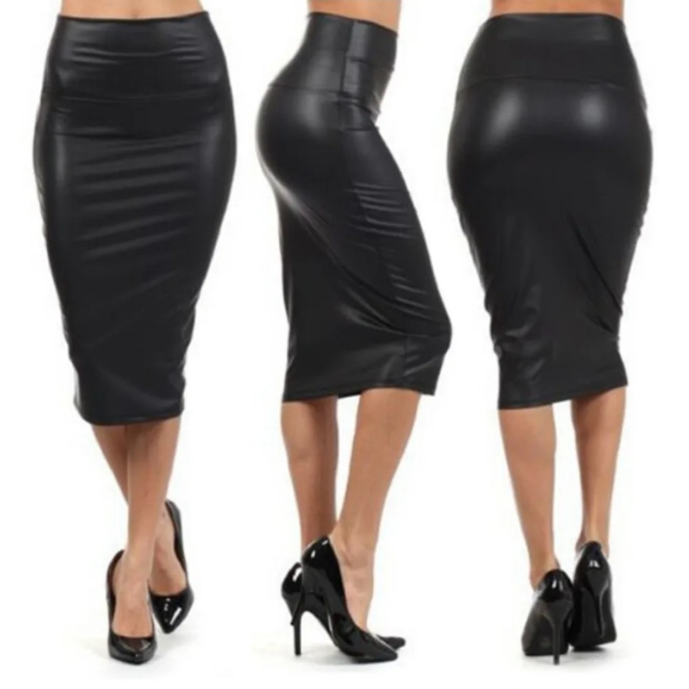 Women's Business High Rise Bodycon Midi Skirt Casual PU Leather Pencil Skirts