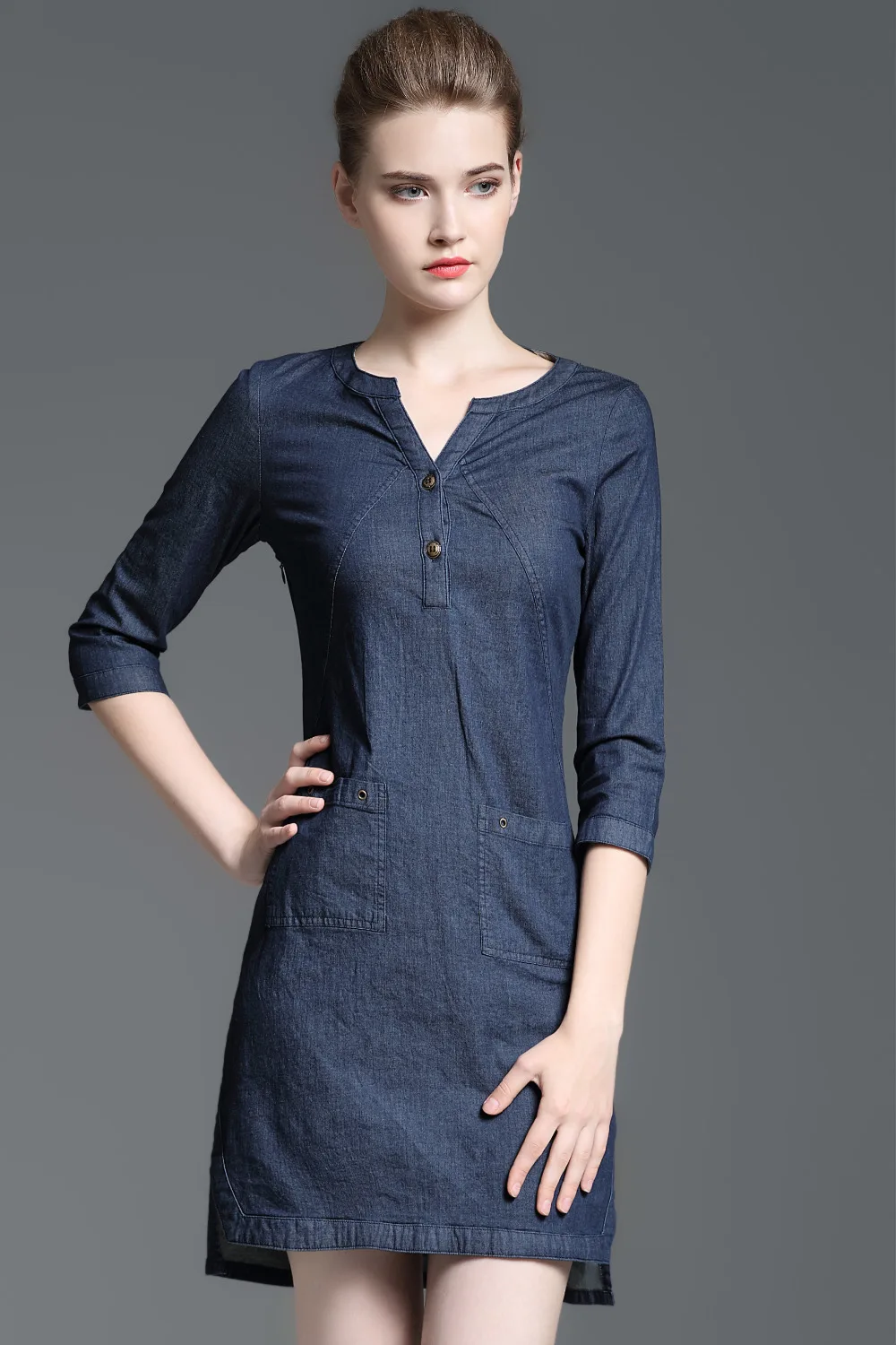 Buy new women's three quarter V neck cotton denim