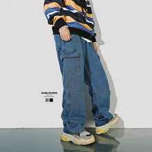 Свободные мешковатые брюки-карго размера плюс, с карманами в стиле пэчворк, с пряжкой, на ремне, с лентой, джинсовые брюки, японская Мужская Уличная одежда, джинсы в стиле хип-хоп, панк