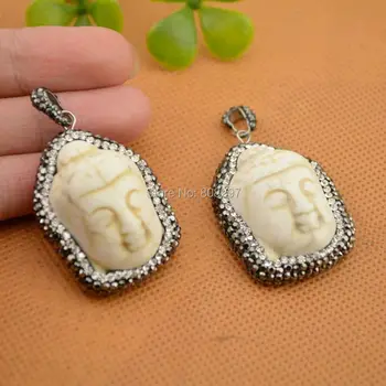 

6Pcs White Stones Buddha head pendant , Paved Rhinestone Crystal Charms Pendants Jewelry Finding