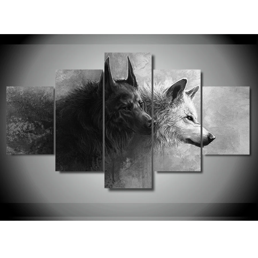 Buy 5 Panels Animal Black and White Wolf Couple