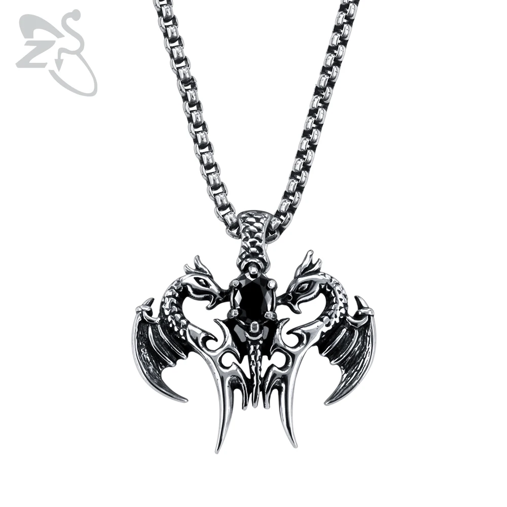 

ZS Double Dragon Pendant Necklace with Black Cubic Zirconia Real Stainless Steel Punk Rock Necklaces for Men collar de hombre