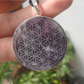 

Flower of Life Amethyst Natural Quartz Crystal Silver Pendant Carved Healing 19g
