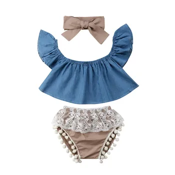 

2019 Summer Toddler Infant Kids Baby Girls Clothes Denim Fly Sleeve Dress Tops+Lace Shorts+Headband 3PC Outfits Set