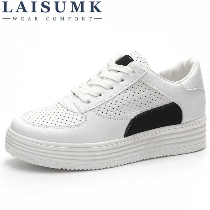 

LAISUMK 2019 Spring PU Leather Shoes Woman Comfortable Women Causal White Shoes Ladies Platform Flat Shoes Footwear