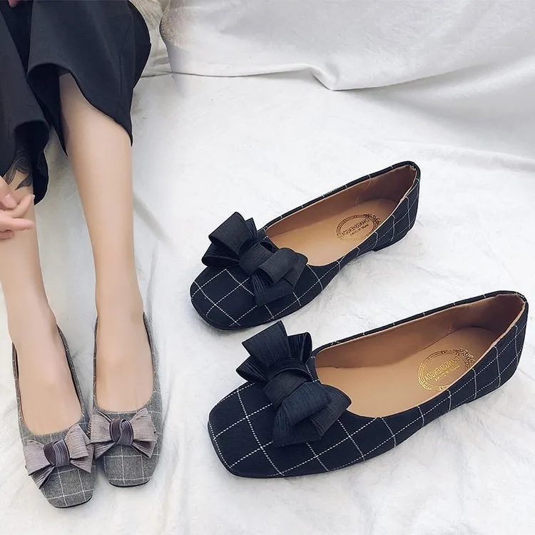 

Spring Women Flats Square Toe Slip on Flat Shoes Plaid Boat Shoes Cotton Ladies Shoes Bowtie Woman Loafers zapatos mujer 856