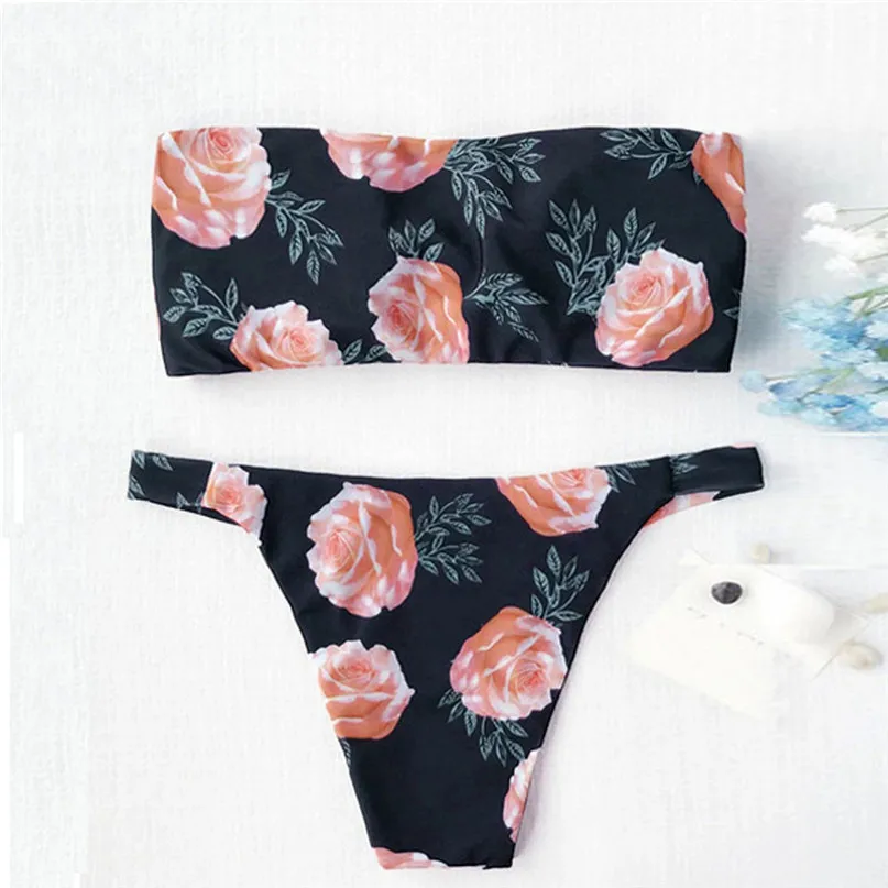 Summer Bikini Set Knotted Tie Wrap Chest Swimwear Women's Swimsuits with High Waist Sexy bikinis Flower bathing suit 3J21  (5)