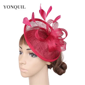 

Vintage Wine red millinery cocktail hats with feather women sinamay fascinator headwear colorful mesh race show hair accessories