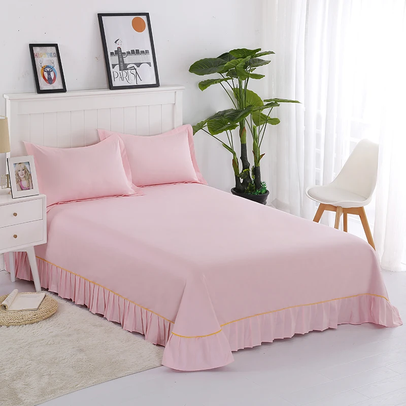 cheap Princess pink Bedding Sheet 3pcs King Size Bed Sheet Set Solid color for Queen Flat Sheet with Pillowcase Multi color optional#