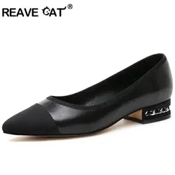 REAVE CAT/женские офисные туфли-лодочки из натуральной кожи; сезон весна; большие размеры 33-42; Лоскутная обувь на низком каблуке 3,5 см; zapatos mujer; A1692