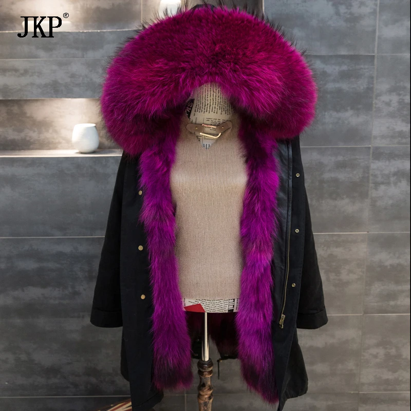 

2018 New Real Large Raccoon Fur collar Winter Green /Black Jacket Coat Women Thicken Warm Lady Parkas Female Jacket