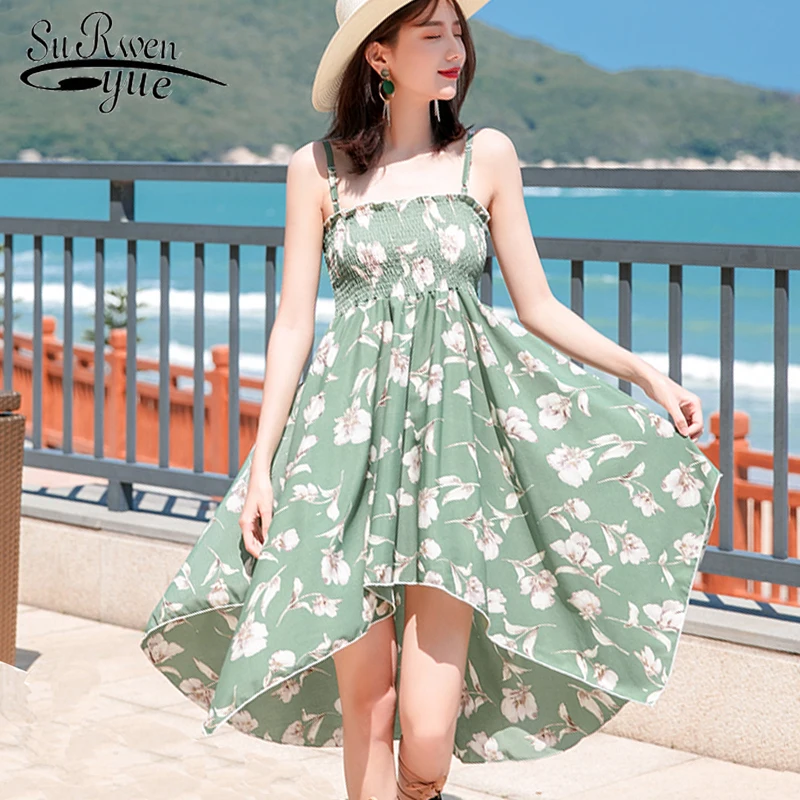 

fashion women dresses 2019 summer casual flower print chiffon dress women bohemian style holiday sexy strap beach dress 0801 30