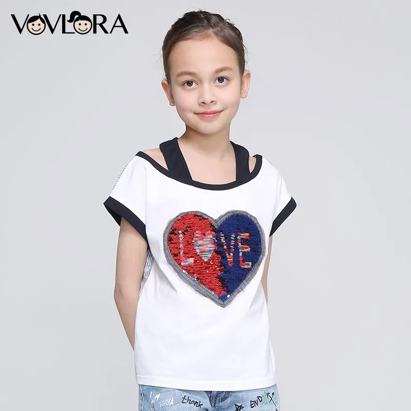 Girls T Shirt Tops Heart Double Sequins Striped Kids Cotton T Shirts Letter Children Clothing Summer Size 9 10 11 12 13 14 Years