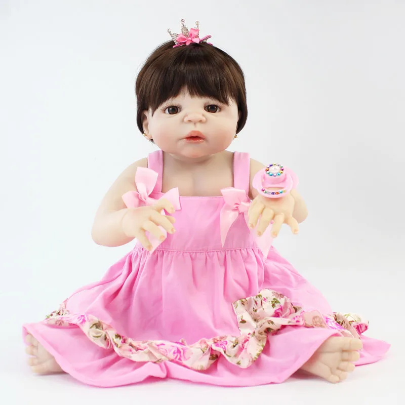 55 см полный силиконовые Reborn Baby Doll Игрушки мягкие виниловые новорожденных принцесса коричневые волосы Девочка Младенцы Bebe, живой купать
