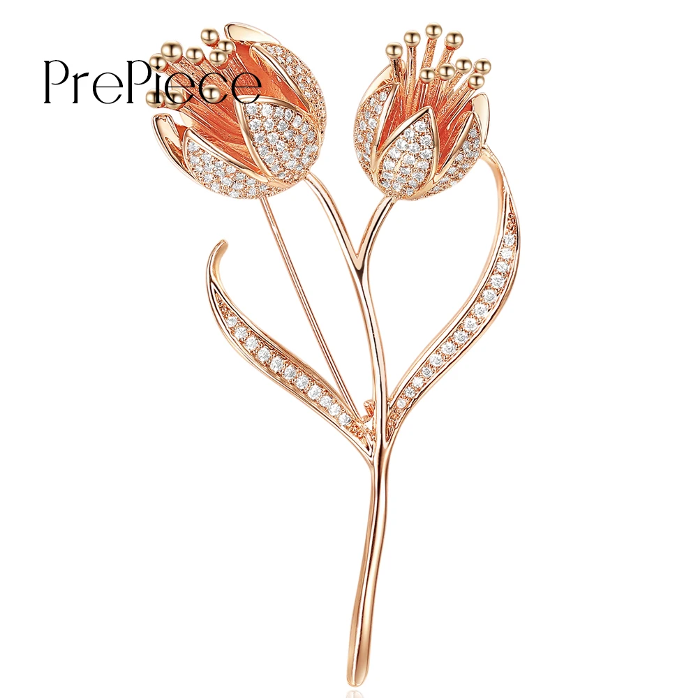 PrePiece CZ Crystal Tulip Flower Brooches for Women Rose Gold Color