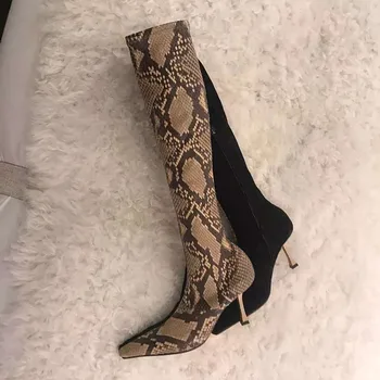 

Kmeioo Sexy Spring Autumn Snakeskin Shoes Woman Pointed Toe High Heels Women Snakeskin Knee-High Boots botas mujer botas mujer