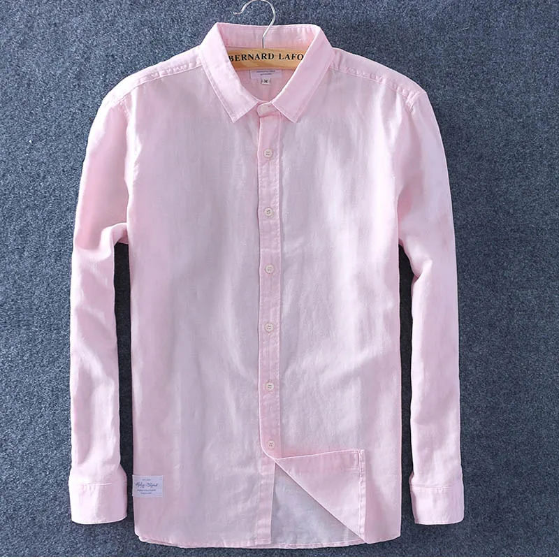 Новое поступление, Мужская весенне-летняя хлопковая льняная рубашка, тонкая, квадратный воротник, удобная мужская майка размера плюс - Цвет: Pink