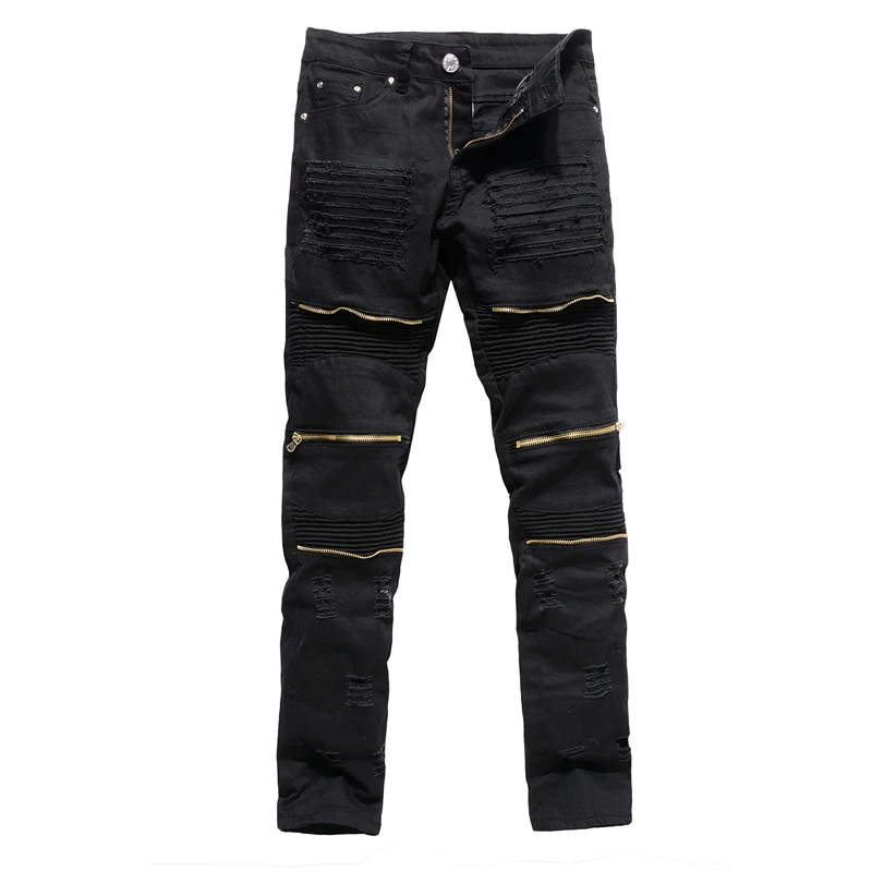 Men's Skinny Black Jeans High Street Style Men Pleated zipper Denim