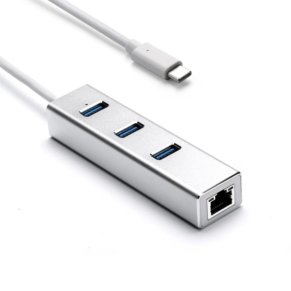 Silvery Алюминий USB 3,0 хаб Тип c к сети Ethernet адаптер 1000 Мбит RJ45 usb-c с 3 USB 3,0 Порты USB разветвитель для MacBook Pro - Цвет: Silvery