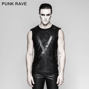 

PUNK RAVE Men Pu Leather Punk Rock Sleeveless Vest Men's Fashion Cool Military Uniform Streetwear Summer Tops T-shirts