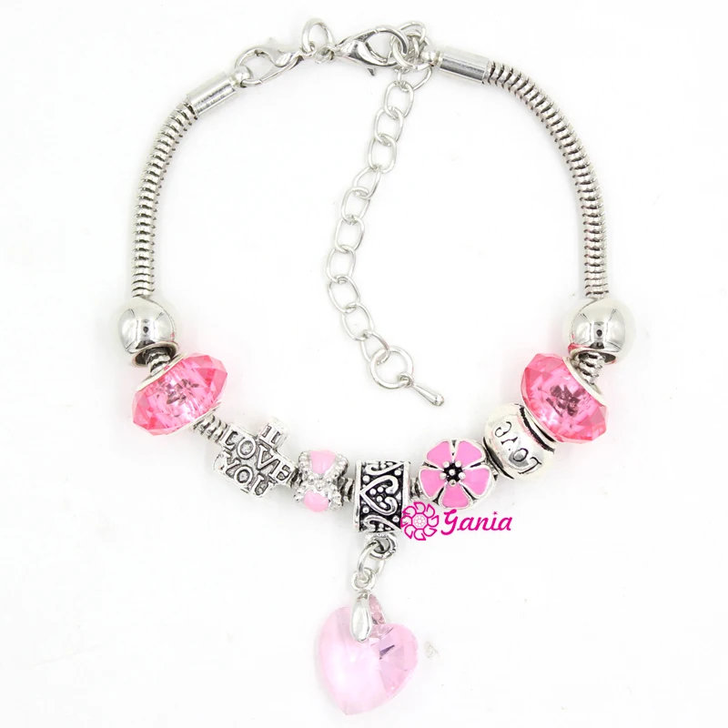 10 шт./лот новый браслет с розовыми цветами хрустальные бусины I Love You Heart амулетные