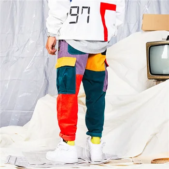 

Hip Hop Pants Vintage Color Block Patchwork Corduroy Cargo Harem Pant Streetwear Harajuku Jogger Sweatpant Cotton Trouser