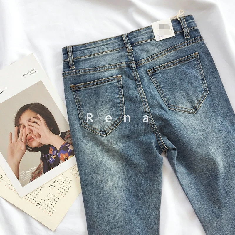 Осенние женские Джинсы бойфренда с высокой талией синие винтажные корейские джинсы для мамы джинсовые брюки