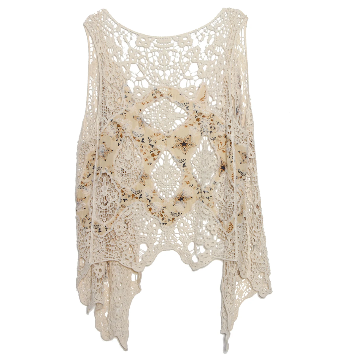 Jastie الأزهار الطباعة خليط الكروشيه الدانتيل أعلى سترة الجوف خارج بوهو الهبي غير المتماثلة كيمونو سترة أعلى الشاطئ التستر قمم