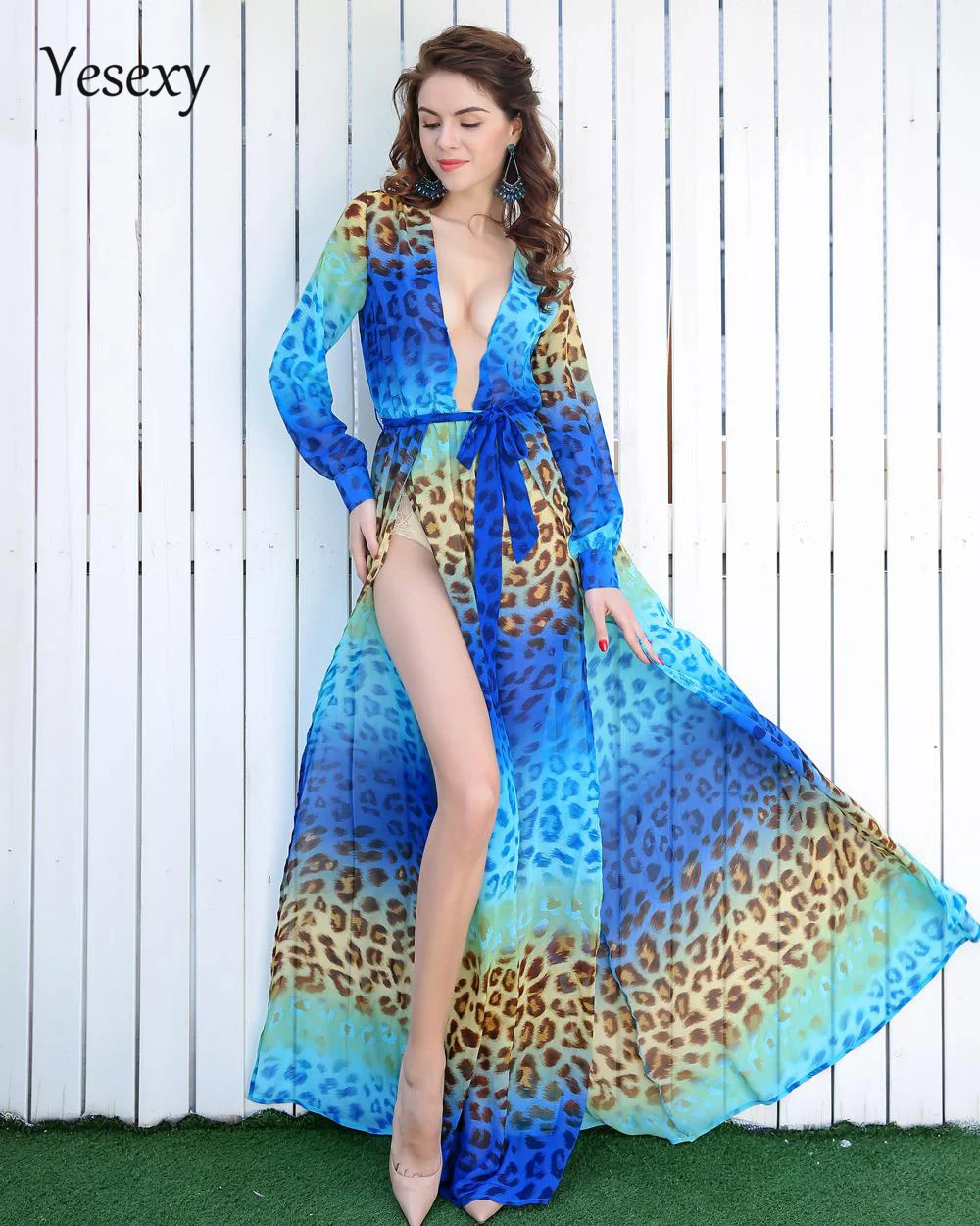 Yesexy 2019 مثير الخامس الرقبة طويلة الأكمام انقسام ثوب مطبوع الشاطئ اللباس VR2294-2 Yesexy 2019 مثير الخامس الرقبة طويلة الأكمام انقسام ثوب مطبوع الشاطئ اللباس VR2294-2